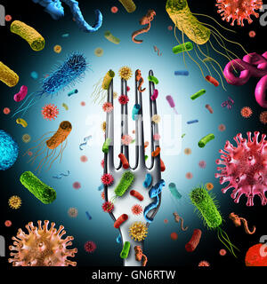 Bakterien und Keime auf Nahrung als ein Besteck-Gabel mit gefährlichen Zellen an der Oberfläche als Salmonellen Listeriose verursacht, Vergiftung und Krankheit als Gesundheit und medizinische Symbol als eine 3D Darstellung. Stockfoto