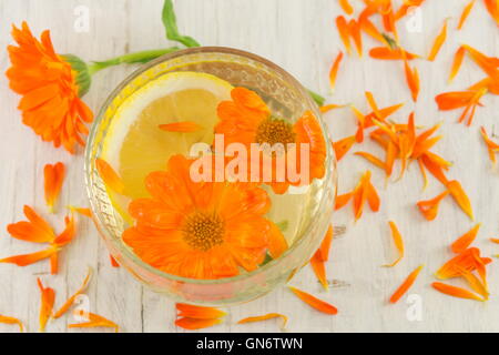 Ringelblume-Blume-Kräutertee mit Zitronenscheiben in einem Glas Stockfoto