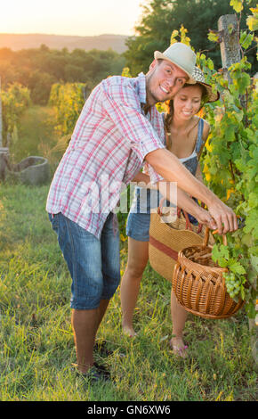Paar in der Weinlese auf dem Weingut hält einen Korb Stockfoto