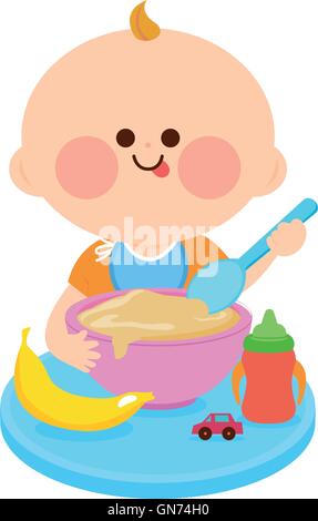 Niedliches Baby, das Babynahrung in der Schüssel isst. Kleinkind Baby Junge isst Müsli und Obst zum Frühstück. Vektorabbildung Stock Vektor