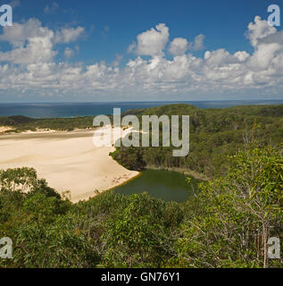 Lake Wabby am Fuß des Hammerstone Sandblow & umgeben von dichten Wäldern mit blauen Ozean in der Ferne, auf Fraser Island Australien Stockfoto