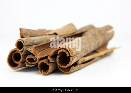 Zimtstangen vor einem weißen Hintergrund Stockfoto