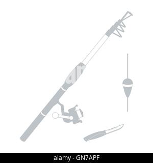 Stilisierte Symbolsatz von verschiedenen Tools für die Fischerei auf weißem Hintergrund Stock Vektor