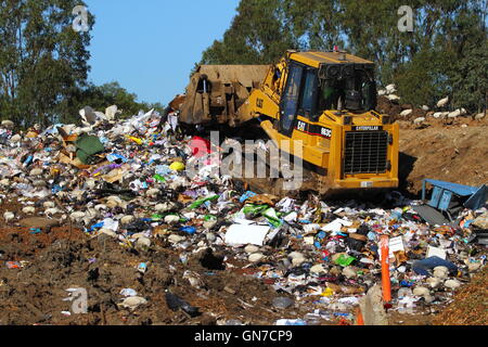 Ein Bulldozer Caterpillar 963C drückt Müll Müll an einer Tipp- oder Entsorgungsfachbetrieb - in New South Wales, Australien. Stockfoto