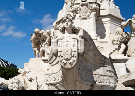 Detail der Sockel des Denkmals, der Marquis von Pombal in Lissabon, Portugal Stockfoto