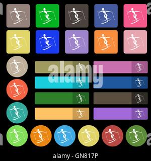 Skifahrer-Symbol Zeichen. Eingestellt von siebenundzwanzig mehrfarbige flache Schaltflächen. Vektor Stock Vektor