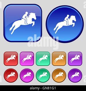 Pferderennen. Derby. Pferdesport. Silhouette von racing Pferd Symbol Zeichen. Eine Reihe von zwölf Vintage Knöpfe für Ihr Design. VECT Stock Vektor