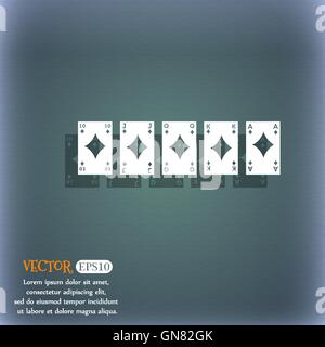 Eine royal Straight Flush Spielkarten Poker hand im Herzen-Symbol. Auf dem blau-grünen abstrakten Hintergrund mit Schatten und Platz für Stock Vektor