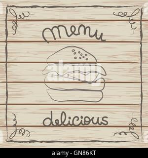 Leckeren Hamburger-Menü-Karte auf eine hölzerne Struktur Stock Vektor