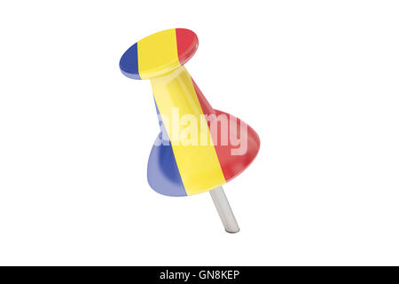 Reißzwecke mit Flagge von Rumänien, 3D-Rendering isolierten auf weißen Hintergrund Stockfoto