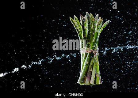 Spargel in Spritzer auf schwarzem Hintergrund. Close-up. Eine Reihe von Obst und Gemüse in Bewegung. Stockfoto