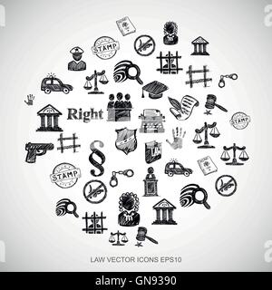 Schwarzen Kritzeleien Hand gezeichnet Gesetz Symbole auf weiß gesetzt. EPS10 Vektor-Illustration. Stock Vektor