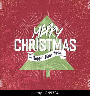 Frohe Weihnachten Vintage Schriftzug mit Weihnachtsbaum-silhouette Stock Vektor