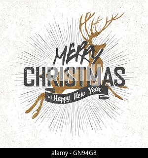 Frohe Weihnachten Vintage Monochrom Schriftzug mit Weihnachten Hirsch Stock Vektor
