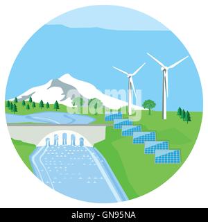 Solaranlage, Wasserkraftwerk, Windenergie Stock Vektor