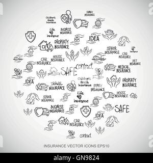 Schwarzen Kritzeleien Hand gezeichnet Versicherung Symbole auf weiß gesetzt. EPS10 Vektor-Illustration. Stock Vektor