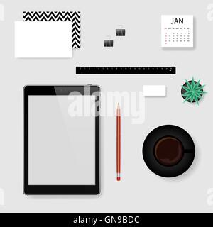 Vektor-Mock-up-Creator für Büroarbeitsplatz. Tablette, Sammlung von stationären, Tasse Kaffee, Blume im Topf. Stock Vektor