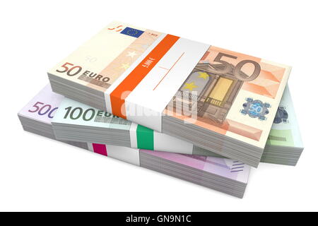 Drei Pakete von verschiedenen Euro-Banknoten mit Bank-Wrapper Stockfoto