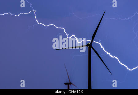 Sieversdorf, Deutschland. 28. August 2016. Ein Foto am 29. August 2016 zeigt Blitzschlag bei einem Gewitter über eine Wind-Kraft-Park in der Nähe von Sieversdorf, Deutschland, 28. August 2016 zur Verfügung gestellt. Hohe Temperaturen von bis zu 36 Grad Celsius führten zu mehreren Gewittern in Teilen Deutschlands. Foto: PATRICK PLEUL/Dpa/Alamy Live News Stockfoto