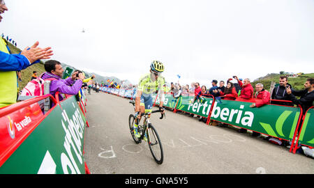 Covadonga, Spanien. 29. August 2016. Alberto Contdor (Tinkoff) beendet die 10. Etappe der Radrennen "La Vuelta a España" (Spanien-Rundfahrt) zwischen Lugones und Seen von Covadonga am 29. August 2016 in Covadonga, Spanien. Bildnachweis: David Gato/Alamy Live-Nachrichten Stockfoto