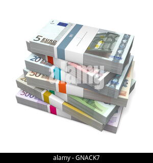 Sieben Pakete von verschiedenen Euro-Banknoten mit Bank-Wrapper Stockfoto