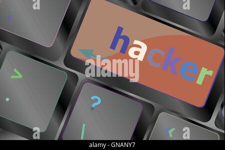 Hacker-Wort über Tastatur, Angriff, Internet Terrorismus Konzept Vektor Taste auf der Tastatur. Schaltfläche "Tastatur". Vektor-illustration Stock Vektor
