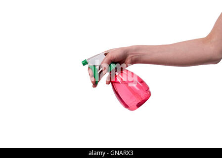 Hand mit Garten Sprinkler isoliert auf weiss Stockfoto