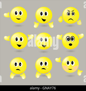 surround-Set gelbe Smileys mit verschiedenen Emotionen Stockfoto