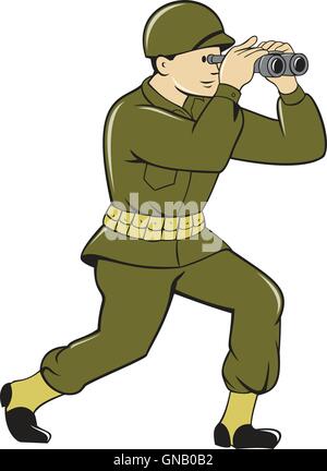 Zweiter Weltkrieg amerikanischer Soldat Fernglas Cartoon Stock Vektor