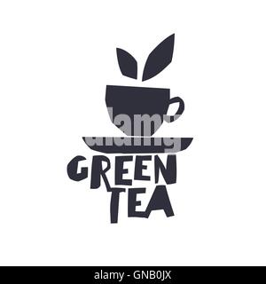 Grüner Tee. Tasse Tee und Text "Grüner Tee". Isolierte Schriftzug Te Stock Vektor