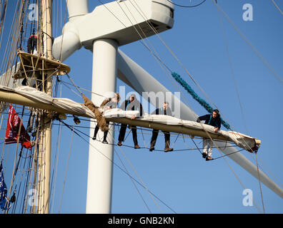 Blyth, Northumberland und Crew empor auf die polnische Brigg "Fryderyk Chopin" gegen ein 128 Meter hohen Windkraftanlage arbeiten. Stockfoto