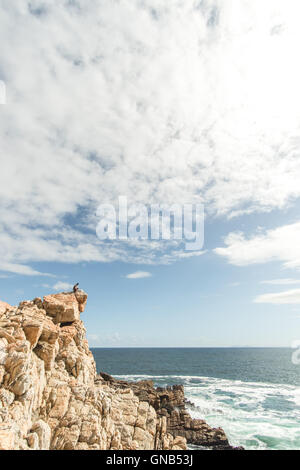 Mädchen sitzen auf Felsen über dem Meer an einem bewölkten Tag. Stockfoto