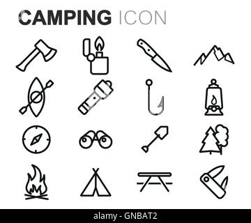 Vektor schwarze Linie camping Symbole setzen auf weißem Hintergrund Stock Vektor