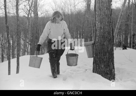 Teenage Girl sammelt SAP von Sugar Maple Trees für die Herstellung von Ahornsirup, North Bridgewater, Vermont, USA, Marion Post Wolcott, USA Farm Security Administration, April 1940 Stockfoto