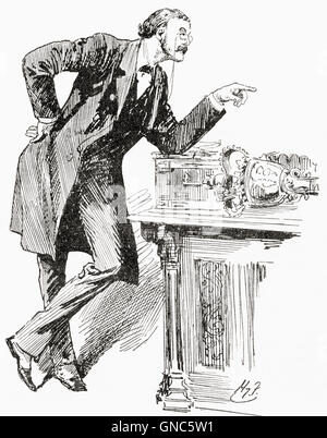 Herr Balfour spricht im House Of Commons, 1899.  Arthur James Balfour, 1. Earl of Balfour, 1848 –1930.  Britischer Politiker und Premierminister des Vereinigten Königreichs.  Nach einer Skizze von Harry Furniss. Stockfoto