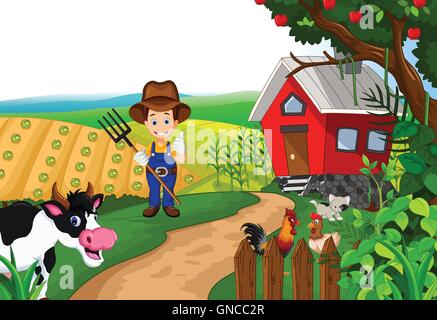 Funny Farm mit Kuh-Cartoon und Farmer-Leben-Hintergrund Stock Vektor