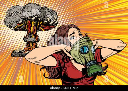Nukleare Explosion Strahlung Gefahr Gasmaske Mädchen Stock Vektor