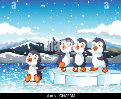 lustige Pinguine Cartoon Spiel mit Gebirgshintergrund Landschaft Stock Vektor