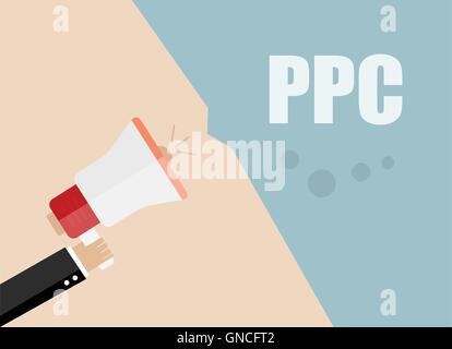 PPC. Pay-per-Klick. Vektor flaches Design Illustration Geschäftskonzept. Digital marketing Business-Mann mit Megaphon für websi Stock Vektor