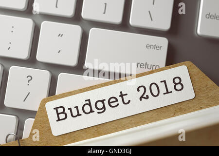 Karteikarte mit Inschrift Budget 2018. 3D Illustration. Stockfoto