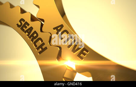 Aktive Suche auf die goldenen Zahnräder. 3D Illustration. Stockfoto