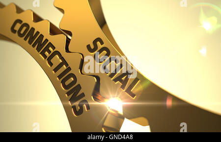 Goldene Zahnrad Zahnräder mit sozialen Verbindungen Konzept. 3D-Rendering. Stockfoto