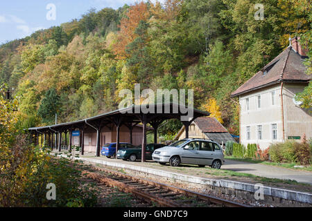 Alter Bahnhof Pilchowice Dam (Pilchowice Zapora) zu stoppen, Plattform in Pilchowice Dorf, Niederschlesien, Polen, Europa Stockfoto