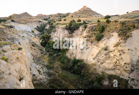 Das steinerne Eingangsschild mit der Aufschrift THEODORE ROOSEVELT NATIONAL PARK, mit Pfeilspitzenemblem und einer dunklen Metallfigur, steht in trockenem Gras in North Dakota. Stockfoto