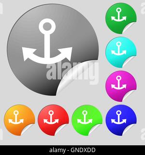 Anker-Symbol Zeichen. Satz von acht Multi farbige Runde Buttons, Aufkleber. Vektor Stock Vektor