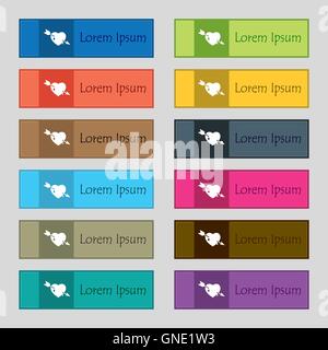 Herz-Symbol markiert. Satz von zwölf rechteckigen, bunte, schöne, qualitativ hochwertige Buttons für die Website. Vektor Stock Vektor