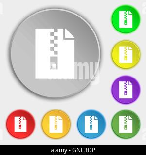 Computer-Zip-Ordner, Archiv Symbol Zeichen. Symbol auf acht flache Schaltflächen. Vektor Stock Vektor