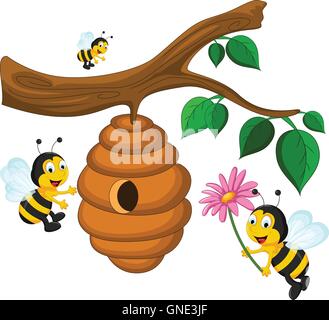Bienen-Cartoon mit Blume und einen Bienenstock Stock Vektor