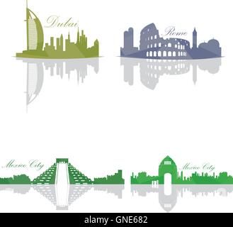 Satz von Skylines, Dubai, Rom, Mexico City, Vektor-illustration Stock Vektor