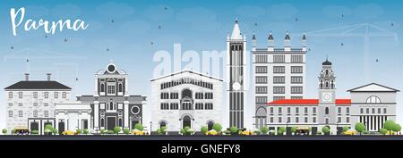 Parma-Skyline mit grauen Gebäuden und blauer Himmel. Vektor-Illustration. Geschäftsreisen und Tourismus-Konzept mit historischen Gebäuden Stock Vektor